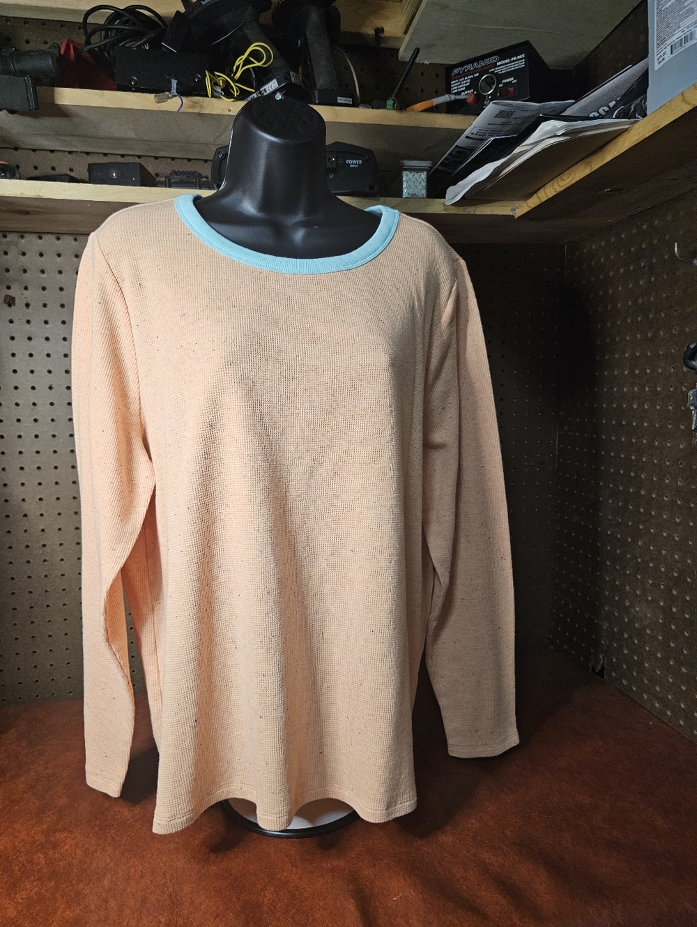 Candace Cameron Bure Heathered Waffle Top with Blue Trim and Speckles Size 1X